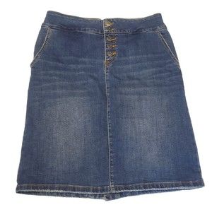 Prana Audrey Medium Dark Blue Wash Straight Denim Skirt Sz 6 Button Front Pocket